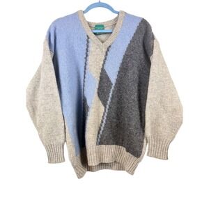 Canda Vintage Shetland Wool V-Neck Sweater Grey Blue Colorblock Made in Scotland